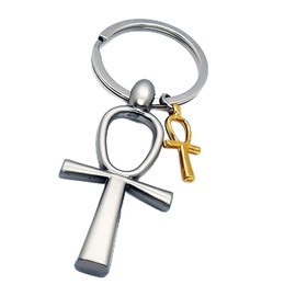 Roman Deluxe Key Ring KEY OF LIFE Ancient Egyptian Cross ANKH - Unusual Good Luck Gift for Women or Men (Matte Silver + Gold Coating)