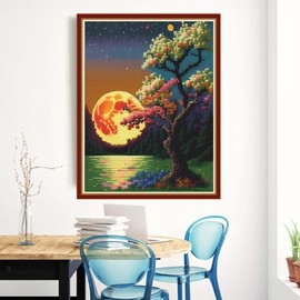 Redxing Cross Stitch Kit for Beginners Adults, 11CT Moonlight Scenery Stamped Kits Embroidery DIY Needlepoint Art Craft Kit, 15.7x19.7 inch