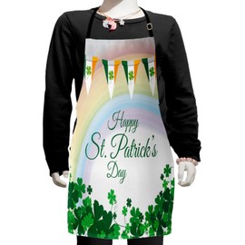 Ambesonne St. Patrick's Day Apron, Celebration Greeting with Rainbow and Flags Lucky Clovers Shamrock Plant, Small Apron Bib with Adjustable Ties for Baking Painting, Small Size, Multicolor