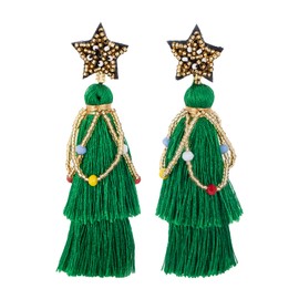 Lightweight Christmas Tree Tassel Beaded Earrings, Bohemian Star Studs Dangle Drop Green Earrings, Twined with Colored Beads Earring gift for Women