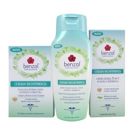 Benzal Kit Cuidado Íntimo Incontinencias, Toallitas Humedas Paquete con 12, Crema Corporal Diaria 30g, Wash Jabón Íntimo Femenino 240ml