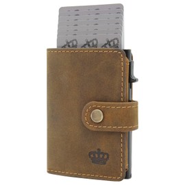 BAUR Slim Wallet with Coin Compartment, Genuine Leather Credit Card Holder for Men, Aluminium Pop-Up Case with RFID Protection, Smart Wallet, Small Wallet, Buffalo Leather Brown, Coin compartment with