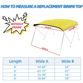zenicham 3 Bow Fade and Crack Resistant Bimini Top Replacement Cover，600D Marine Grade Polyester Waterproof Sun Shade Boat Canopy，Easy Install Zipper Sleeves Boat Awning,Yellow 6'L 54"-60" W