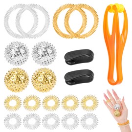 Pack of 4 Magnetic Acupressure Balls & 10 Acupressure Ring & 4 Acupressure Bracelet & 2 Acupressure Clips & 1 Finger Massage Roller, 32 mm Metal Hedgehog Ball, Massage Rings for Fingers for Stress