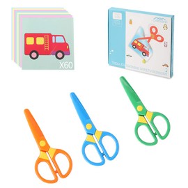 amassan 3-Pack Toddler Safety Scissors Kit - Child-Safe Preschool Training Scissors & 60 Sheets Paper Cutting | Ergonomic Blunt Tips, Early Childhood Development Tools for Kids 2-5 Years