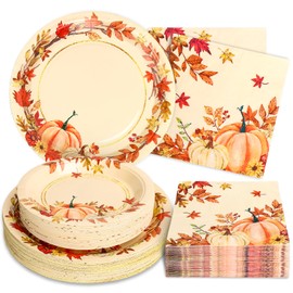 Whaline 150Pcs Fall Thanksgiving Paper Tableware Set Autumn Leaves Pumpkin Flower Wreath Disposable Plates and Napkins for Party Supplies
