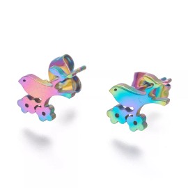 Unbranded Stainless Steel Set Stud Earring Pendant Necklace Bird Flower 17.7" 0.8mm P490