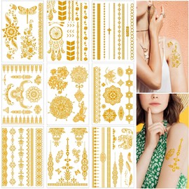 Dtoterul 9 Blatt Glitzer Gold Temporäre Tattoos, Gold Flash Festival Tattoos zum Aufkleben, Metallic Haut Klebetattoos für Erwachsene Damen Frauen Mädchen Festival Party Accessoire