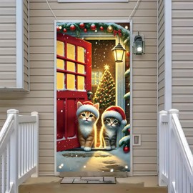 Saoplasa Christmas Door Cover with Cats 71 x 35 Inch Red Door Holiday Banner Featuring Kittens in Santa Hats and Christmas Tree Winter Snow Scene Xmas Party Backdrop Wall Decoration