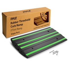 Pyle 2 Ft. Rubber Threshold Curb Ramp for Driveway - Heavy Duty Non-Slip Ramp for Vehicles - Green Reflective Strip, Marine Grade Waterproof, Ideal for Driveways & Sidewalks, 24.0"x16.0"x2.6" Inches