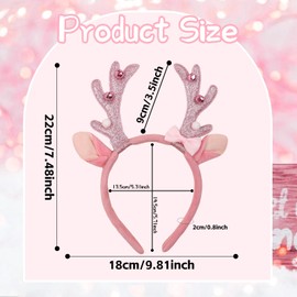 Xepeelo Pink Antlers Headbands Christmas Hairband Pink Glitter Deer Horn Hair Hoop Cute Bow Bell Design Christmas Deer Ear Hair Band Woman Girls Hair Decoration for Christmas Winter Party Cloth Match