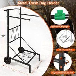 Meyoppm Metal Trash Bag Holder, 50-55 Gallon Adjustable Leaf Bag Stand, Heightened Garbage Bag Cart with Wheels, Suitable for Yard, Lawn and Camping