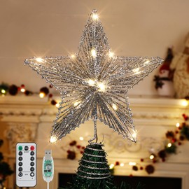 Roylvan Star Tree Topper with 8 Lighting Modes, Glitter Christmas Star Tree Top Light, USB Powered Decorative Treetop Light Xmas Tradition Tree Ornament for Home Decor, 9.8 x 11.8 inch, Silver