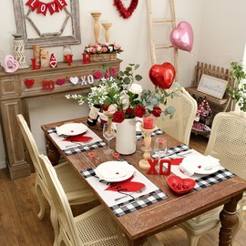 ARKENY Mothers Day Placemats 12x18 Inches Set of 6, Love Heart Seasonal Farmhouse Burlap Buffalo Plaid Indoor Kitchen Anniversary Wedding Dining Valentines Table Decorations for Home Party AP024-6