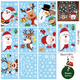 IHCEMIH Christmas Window Stickers, 9 Sheet 248pcs Static Windows Sticker Xmas Scene Reusable Double Sided Snowflake Santa Snowman Reindeer Clings Winter Decals Decorations Party Home Decor Supplies