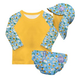 Bambino Mio UPF 40+ Reusable Swim Nappy Set (Age 6-12 Months) Busy Bees | Includes, Swim Nappy Pant, Swim Rash Vest Top & Swim Hat for Baby and Toddler