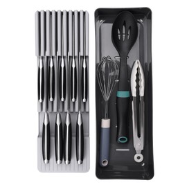 Linoroso Knife Drawer Organizer With In-Drawer Knife Block for 9 Knives, Kitchen Utensil Organizer, BPA Free Secure Storage Tray for Countertop Organization