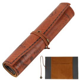 fogman Pen Case, Pencil Case, Writing Instrument Holder, Roll, Antique Retro Fashion, Leather, dark brown, Leather Pen Case