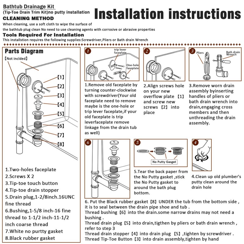 Tip-Toe Tub Drain, Bathtub Drain Replacement Kit, with 2 Hole