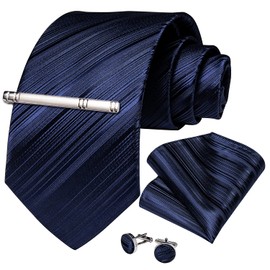 DiBanGu Conjunto de gemelos cuadrados de seda para hombre, corbata lisa y bolsillo, Azul Marino Sólido, Talla única