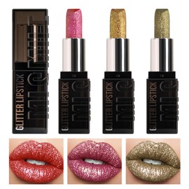 MLSMILE 3PCS Glitter Lipstick Sets for Women,Women's Diamond Shiny Matte Lip Gloss,Long Lasting Smudgeproof Non-Stick Lipstick,Lip Stick Lip Stain Makeup Gift Sets,Labiales mate 24 horas originale