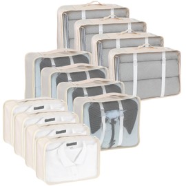 12 Pcs Packing Cubes for Suitcase Travel Luggage Bags Bulk Mesh Organizer Set for Hiking Camping Backpacking Clothes Accessories(Light Khaki, S, M, L Size)