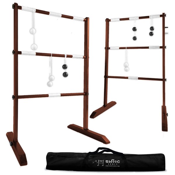 SWOOC Games - Wooden Ladder Ball Game Set (Weather Resistant) - 10 Games Included & Carrying Case - Easy, No Tool Set Up - Ladder Toss Outdoor/Indoor Ladderball - Hillbilly Ladder Golf Balls