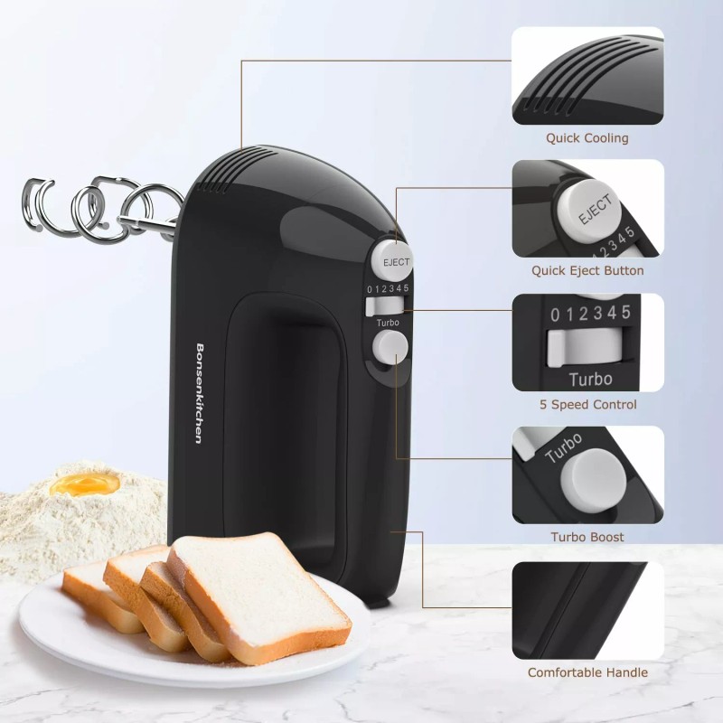 Bonsenkitchen Handheld Mixer with 4 Attachments with 5 Speed 250W