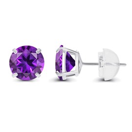 Genuine 14K Solid White Gold 6mm Round Natural Purple Amethyst February Birthstone Stud Earrings