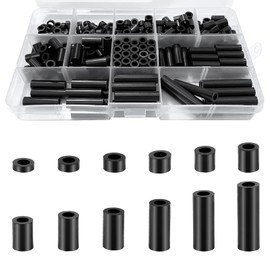 KWOKWEI Pack of 250 Round Spacers, Plastic Spacer Sleeves ID 3 mm OD 7 mm, Black Nylon Washers without Thread, 3 mm to 12 mm Length Insulation Washers for Screws M3