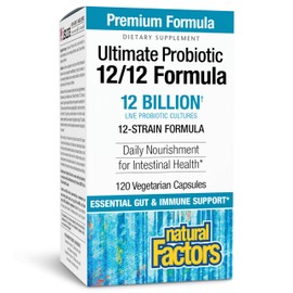 Natural Factors Ultimate Probiotic 12/12 Formula, Daily Probiotic for Ongoing Digestive Support, 12 Strains, 12 Billion CFU, 120 Vegetarian Capsules