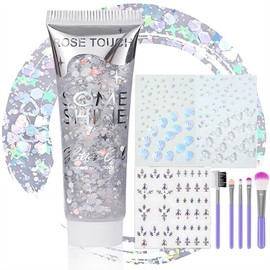Body Glitter Gel Silber Mit 3 Blätter Glitzersteine Selbstklebend Und Pinsel, DIY Glitzer Strasssteine,Festival Glitzer Gesicht Für Gesicht Nägel Augen Haare, Masquerade Party Glitter Und Zubehö