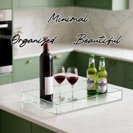 KEVJES Glossy White Acrylic Serving Tray with Handles-Butler Trays for Coffee Table, Snacks,Breakfast in Bed, Kitchen Countertop,Vanity,Makeup Organizer,Ottoman (Clear, 12x20 Inch)