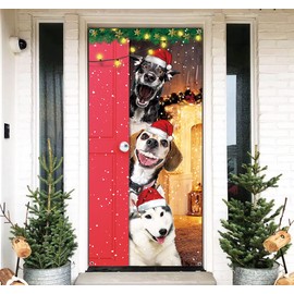 Funny Merry Christmas Door Cover - Large Cute Santa Dogs Banner for Front Door Decoration - Xmas Party Photography Background
