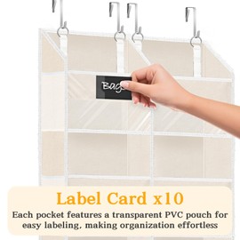 Over the Door Organizer, 5-Tier Extra Large Storage with 10 Pockets and PVC Label Pouches, 80 lbs Capacity Hanging Closet Organizer, Beige