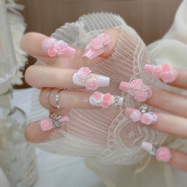 Press on Nails Square Medium Length Glossy Full Cover Acrylic Pink False Nails with Pink Floral Bow Designs Artificial Short Coffin Fake Nails with Charms Glue ons Fingernails for Women Girls