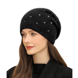 Adigaber Knit Beanie Hat for Ladies Long Skull Cap for Winter Slouchy Beanie with Double Wool Thermal Lining and Drills Black