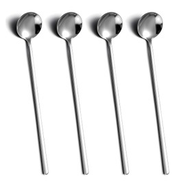 Korean Spoons with Long Handles, 4 Pcs 7 Inch Stainless Steel Korean Soup Spoon for Restaurants, Hotels, Family Celebrations, Desserts & Daily Use - Dishwasher-safe (Silver)