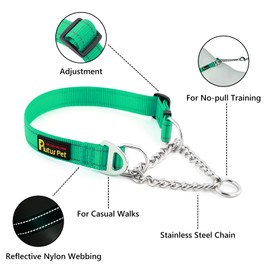 Plutus Pet Martingale Dog Collar with Stainless Steel Chain and Reflective Nylon, Adjustable No Pull Training Collar, for Small Medium, and Large Dogs, Green, M