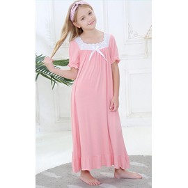 CHUNG Little Girls Vintage Victorian Nighties Long Sleeve Lace Square Neck Nightdress Princess Nightgown Pink Short Sleeve, 3-4 Years