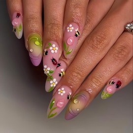 3D Bee Tulip Flower Press on Nails Medium Almond Fake Nails Pink Gradient Full Cover Acrylic Nails Reusable Handmade Floral False Nail Glue on Nail for Women Manicure Decoration 24PCS Stiletto