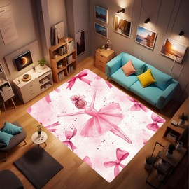 QZLFQ Pink Ballerina Watercolor Painting Bow Ribbon Pattern Background Soft Tones Cute Children's Rug, Flannel Fabric Warm and Comfortable, Girls Bedroom Dance Studio Balcony mat 24x36inch