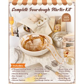 RYMTOX Complete Sourdough Starter Kit with Manual | Easy to Clean for Beginners | Sourdough Bread Baking Supplies with Round Bread Proofing Basket, Bread Sling, Starter Jar, Dough Whisk, Scrapers, Bag