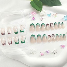 Brown Green French Tip Press on Nails Coffin Short False Nails with White Flower Rhinestones Designs Glue on Nails Nude Translucent Fake Nails Spring Artificial Stick on Nails for Women 24 Pcs