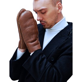 YISEVEN Men's Shearling Sheepskin Leather Gloves Mittens Lambskin Thick Fur Warm Wool Lined for Winter Cold Weather Dress Driving Work Gifts, Cognac Size Medium