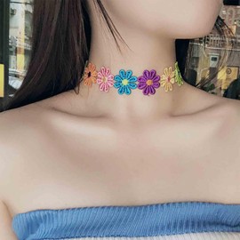 Aneneiceera Vintage Colourful Lace Flower Choker Necklace Short Rainbow Daisy Necklace Fabric Flower Necklace Boho Multi Colour Lace Necklace Chain Jewellery for Women, Zinc