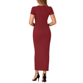 Umenlele Women’s Casual Short Sleeve Ribbed Knit Bodycon Fitted Pencil Long Maxi Dress Burgundy Medium