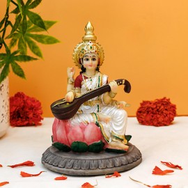 BangBangDa Hindu Lord Saraswati Idol Statue - 5.1" H Saraswati Statue Murti Diwali Gifts Pooja Decor Home Temple Mandir Altar Puja Item Indian Gifts for Hindu Man Woman People