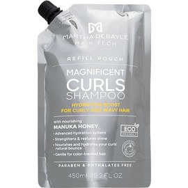 MARTHA DEBAYLE Shampoo REFILL POUCH MAGNIFICENT CURLS. Boost de hidratación para pelo chino y ondulado. Con miel de manuka nutritiva. Sin parabenos y ftalatos. 450 ml.