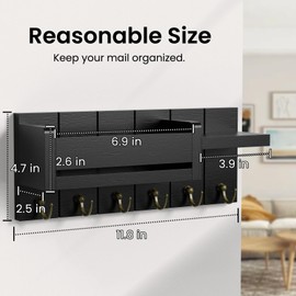 Lnopever Wooden Key Board with Shelf, Decorative Wooden Wall Shelf, Post Organiser, Key Boards Wall Mount with 6 Hooks, Key Board for Entrance, Hallway, Living Room, Black